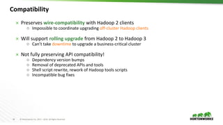 44 © Hortonworks Inc. 2011 – 2016. All Rights Reserved
Compatibility
 Preserves wire-compatibility with Hadoop 2 clients
○ Impossible to coordinate upgrading off-cluster Hadoop clients
 Will support rolling upgrade from Hadoop 2 to Hadoop 3
○ Can’t take downtime to upgrade a business-critical cluster
 Not fully preserving API compatibility!
○ Dependency version bumps
○ Removal of deprecated APIs and tools
○ Shell script rewrite, rework of Hadoop tools scripts
○ Incompatible bug fixes
 