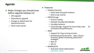 6 © Hortonworks Inc. 2011 – 2016. All Rights Reserved
Agenda
 Major changes you should know
before upgrade Hadoop 3.0
– JDK upgrade
– Dependency upgrade
– Change on default port for
daemon/services
– Shell script rewrite
 Features
– Hadoop Common
• Client-Side Classpath Isolation
• Shell script rewrite
– HDFS/Storage
• Erasure Coding
• Multiple Standby NameNodes
• Intradata balancer
• Cloud Storage: Support for Azure Data Lake, S3
consistency & performance
– YARN
• Support for long running services
• Scheduling enhancements: : App / Queue
Priorities, global scheduling, placement
strategies
• New UI
• ATS v2
– MAPREDUCE
• Task-level native optimization
HADOOP-11264
 