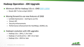 7 © Hortonworks Inc. 2011 – 2016. All Rights Reserved
 Minimum JDK for Hadoop 3.0.x is JDK8 OOP-11858
– Oracle JDK 7 is EoL at April 2015!!
 Moving forward to use new features of JDK8
– Lambda Expressions – starting to use this
– Stream API
– Security enhancements
– Performance enhancement for HashMaps, IO/NIO, etc.
 Hadoop’s evolution with JDK upgrades
– Hadoop 2.6.x - JDK 6, 7, 8 or later
– Hadoop 2.7.x/2.8.x/2.9.x - JDK 7, 8 or later
– Hadoop 3.0.x - JDK 8 or later
Hadoop Operation - JDK Upgrade
 