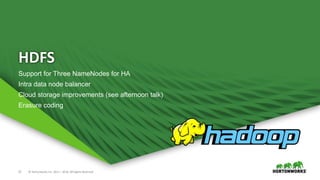 12 © Hortonworks Inc. 2011 – 2016. All Rights Reserved
HDFS
Support for Three NameNodes for HA
Intra data node balancer
Cloud storage improvements (see afternoon talk)
Erasure coding
 