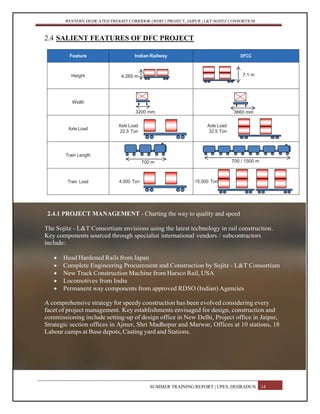 WESTERN DEDICATED FREIGHT CORRIDOR (WDFC) PROJECT, JAIPUR | L&T-SOJITZ CONSORTIUM
2.4 SALIENT FEATURES OF DFC PROJECT
Feature Indian Railway DFCC
Height 4.265 m 7.1 m
Width
3200 mm 3660 mm
Axle Load
Axle Load
22.5 Ton
Axle Load
32.5 Ton
Train Length
700 m 700 / 1500 m
Train Load 4,000 Ton 15,000 Ton
2.4.1 PROJECT MANAGEMENT - Charting the way to quality and speed
The Sojitz - L&T Consortium envisions using the latest technology in rail construction.
Key components sourced through specialist international vendors / subcontractors
include:
 Head Hardened Rails from Japan
 Complete Engineering Procurement and Construction by Sojitz - L&T Consortium
 New Track Construction Machine from Harsco Rail, USA
 Locomotives from India
 Permanent way components from approved RDSO (Indian) Agencies
A comprehensive strategy for speedy construction has been evolved considering every
facet of project management. Key establishments envisaged for design, construction and
commissioning include setting-up of design office in New Delhi, Project office in Jaipur,
Strategic section offices in Ajmer, Shri Madhopur and Marwar, Offices at 10 stations, 18
Labour camps at Base depots, Casting yard and Stations.
SUMMER TRAINING REPORT | UPES, DEHRADUN 14
 