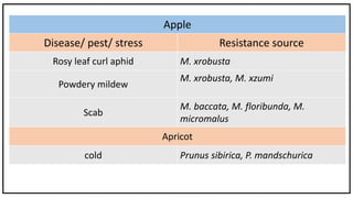 Apple
Disease/ pest/ stress Resistance source
Rosy leaf curl aphid M. xrobusta
Powdery mildew
M. xrobusta, M. xzumi
Scab
M. baccata, M. floribunda, M.
micromalus
Apricot
cold Prunus sibirica, P. mandschurica
 