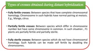 Types of crosses obtained during distant hybridization
• Fully fertile crosses: Between species that have complete chromosomal
homology. Chromosome in such hybrids have normal pairing at meiosis.
E.g., Mango, citrus
• Partially fertile crosses: Between species which differ in chromosome
number but have some chromosome in common. In such situation , F1
plants are partially fertile and partially sterile.
• Fully sterile crosses: Between species which do not have chromosomal
homology. Such hybrids can be made self fertile by doubling the
chromosomes.
 