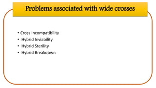 Problems associated with wide crosses
• Cross Incompatibility
• Hybrid Inviability
• Hybrid Sterility
• Hybrid Breakdown
 