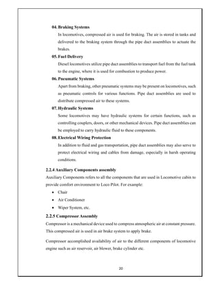 20
04.Braking Systems
In locomotives, compressed air is used for braking. The air is stored in tanks and
delivered to the braking system through the pipe duct assemblies to actuate the
brakes.
05.Fuel Delivery
Diesel locomotives utilize pipe duct assemblies to transport fuel from the fuel tank
to the engine, where it is used for combustion to produce power.
06.Pneumatic Systems
Apart from braking, other pneumatic systems may be present on locomotives, such
as pneumatic controls for various functions. Pipe duct assemblies are used to
distribute compressed air to these systems.
07.Hydraulic Systems
Some locomotives may have hydraulic systems for certain functions, such as
controlling couplers, doors, or other mechanical devices. Pipe duct assemblies can
be employed to carry hydraulic fluid to these components.
08.Electrical Wiring Protection
In addition to fluid and gas transportation, pipe duct assemblies may also serve to
protect electrical wiring and cables from damage, especially in harsh operating
conditions.
2.2.4 Auxiliary Components assembly
Auxiliary Components refers to all the components that are used in Locomotive cabin to
provide comfort environment to Loco Pilot. For example:
 Chair
 Air Conditioner
 Wiper System, etc.
2.2.5 Compressor Assembly
Compressor is a mechanical device used to compress atmospheric air at constant pressure.
This compressed air is used in air brake system to apply brake.
Compressor accomplished availability of air to the different components of locomotive
engine such as air reservoir, air blower, brake cylinder etc.
 