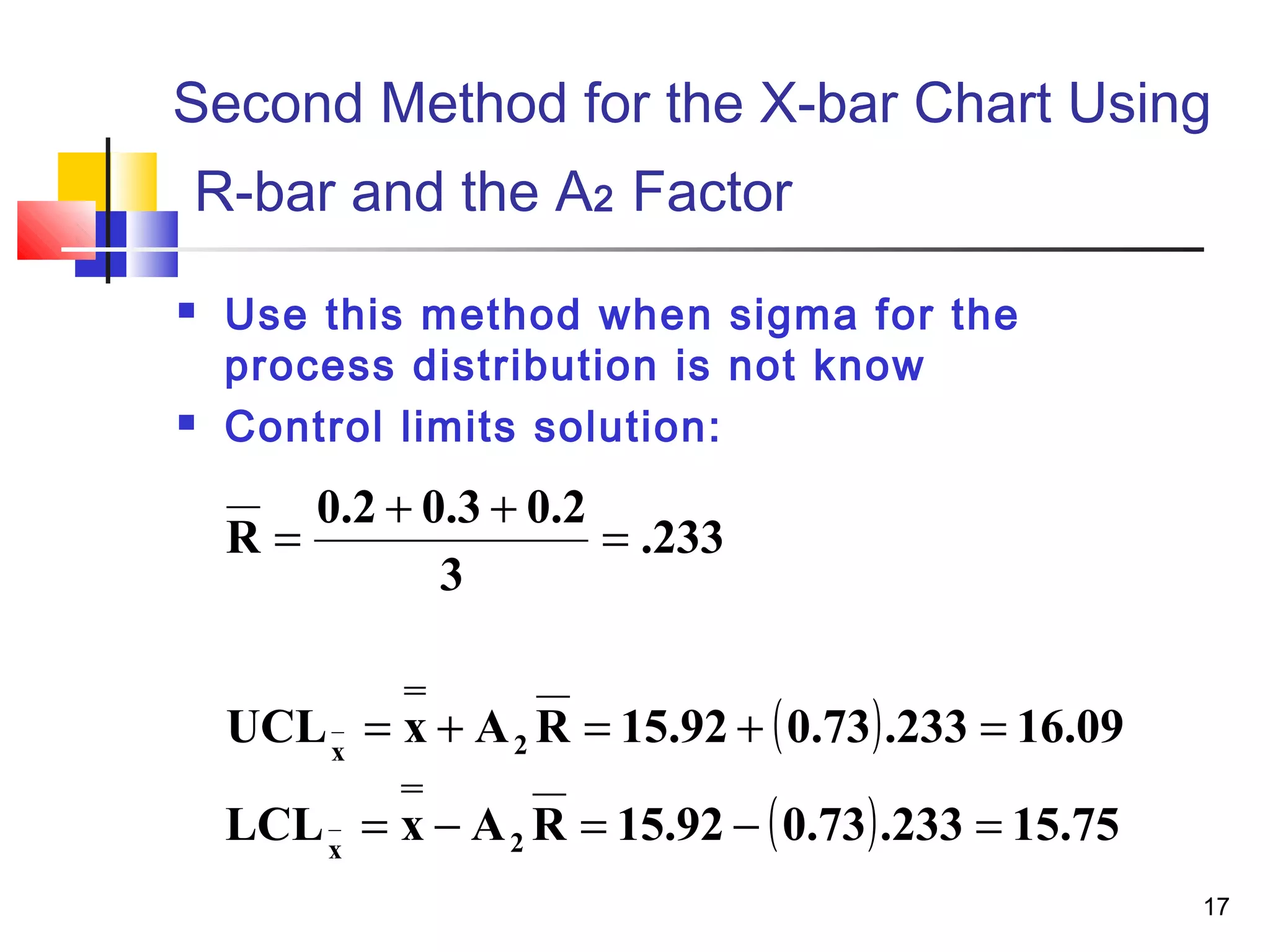 Second Method for the X-bar Chart Using 
R-bar and the A2 Factor 
17 
 Use this method when sigma for the 
process distribution is not know 
 Control limits solution: 
( ) 
.233 
R 0.2 0.3 0.2 
= + + = 
3 
UCL = x + A R = 15.92 + 0.73 .233 = 
16.09 
x 2 
= - = - = 
LCL x A R 15.92 (0.73).233 15.75 
x 2 
 