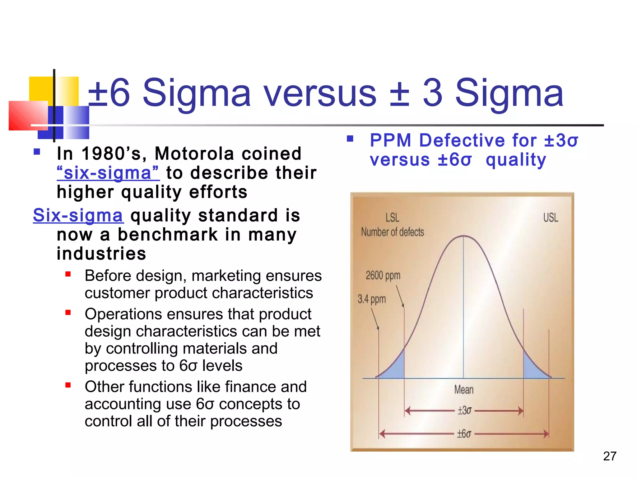 27 
±6 Sigma versus ± 3 Sigma 
 In 1980’s, Motorola coined 
“six-sigma” to describe their 
higher quality efforts 
Six-sigma quality standard is 
now a benchmark in many 
industries 
 Before design, marketing ensures 
customer product characteristics 
 Operations ensures that product 
design characteristics can be met 
by controlling materials and 
processes to 6σ levels 
 Other functions like finance and 
accounting use 6σ concepts to 
control all of their processes 
 PPM Defective for ±3σ 
versus ±6σ quality 
 