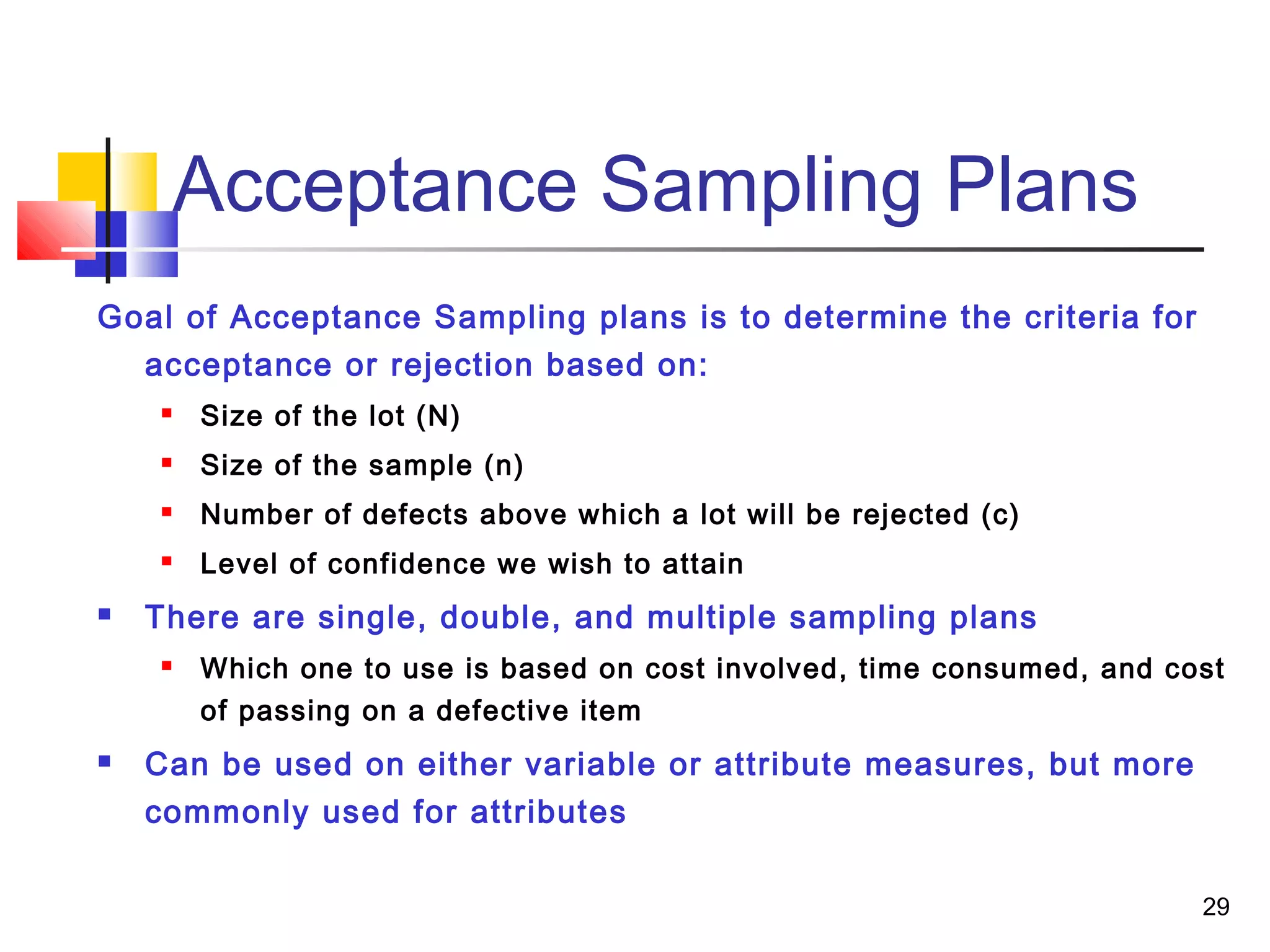 29 
Acceptance Sampling Plans 
Goal of Acceptance Sampling plans is to determine the criteria for 
acceptance or rejection based on: 
 Size of the lot (N) 
 Size of the sample (n) 
 Number of defects above which a lot will be rejected (c) 
 Level of confidence we wish to attain 
 There are single, double, and multiple sampling plans 
 Which one to use is based on cost involved, time consumed, and cost 
of passing on a defective item 
 Can be used on either variable or attribute measures, but more 
commonly used for attributes 
 