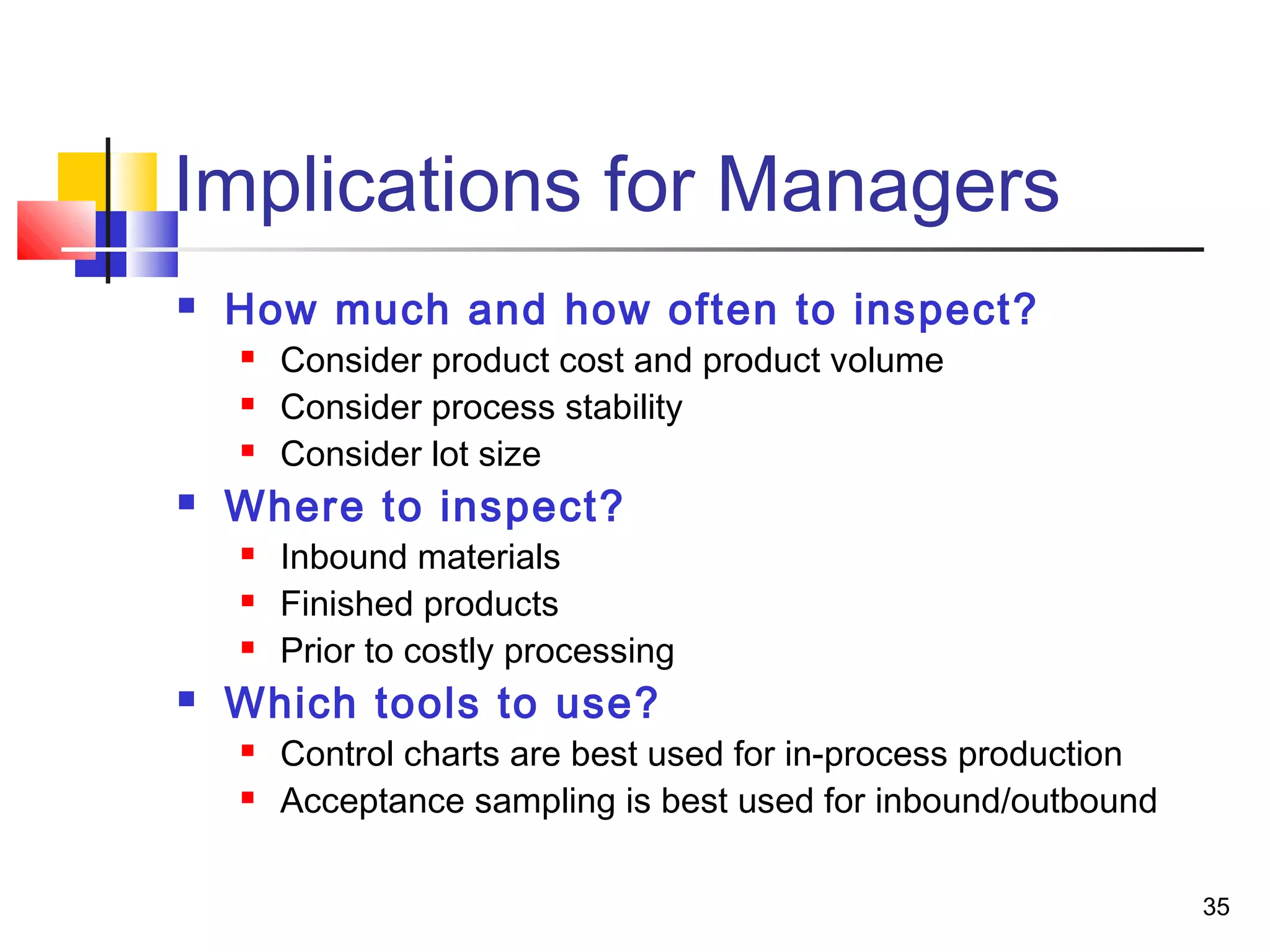 35 
Implications for Managers 
 How much and how often to inspect? 
 Consider product cost and product volume 
 Consider process stability 
 Consider lot size 
 Where to inspect? 
 Inbound materials 
 Finished products 
 Prior to costly processing 
 Which tools to use? 
 Control charts are best used for in-process production 
 Acceptance sampling is best used for inbound/outbound 
 