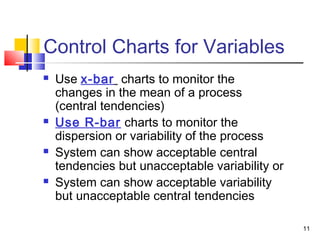 11 
Control Charts for Variables 
 Use x-bar charts to monitor the 
changes in the mean of a process 
(central tendencies) 
 Use R-bar charts to monitor the 
dispersion or variability of the process 
 System can show acceptable central 
tendencies but unacceptable variability or 
 System can show acceptable variability 
but unacceptable central tendencies 
 