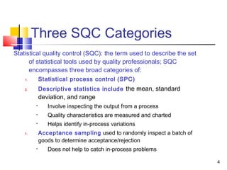 4 
Three SQC Categories 
Statistical quality control (SQC): the term used to describe the set 
of statistical tools used by quality professionals; SQC 
encompasses three broad categories of: 
1. Statistical process control (SPC) 
2. Descriptive statistics include the mean, standard 
deviation, and range 
 Involve inspecting the output from a process 
 Quality characteristics are measured and charted 
 Helps identify in-process variations 
1. Acceptance sampling used to randomly inspect a batch of 
goods to determine acceptance/rejection 
 Does not help to catch in-process problems 
 
