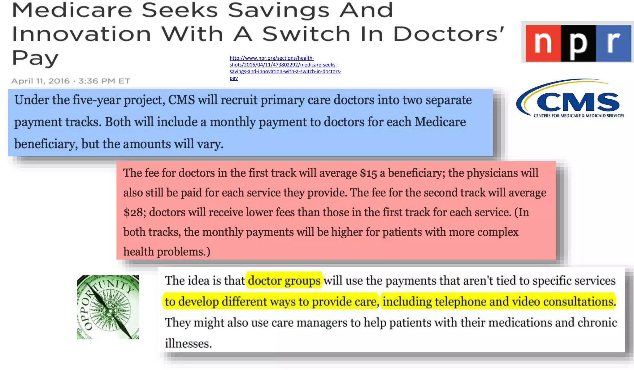 Copyrights – Hanumayamma Innovations and Technologies, inc
http://www.npr.org/sections/health-
shots/2016/04/11/473802292/medicare-seeks-
savings-and-innovation-with-a-switch-in-doctors-
pay
 