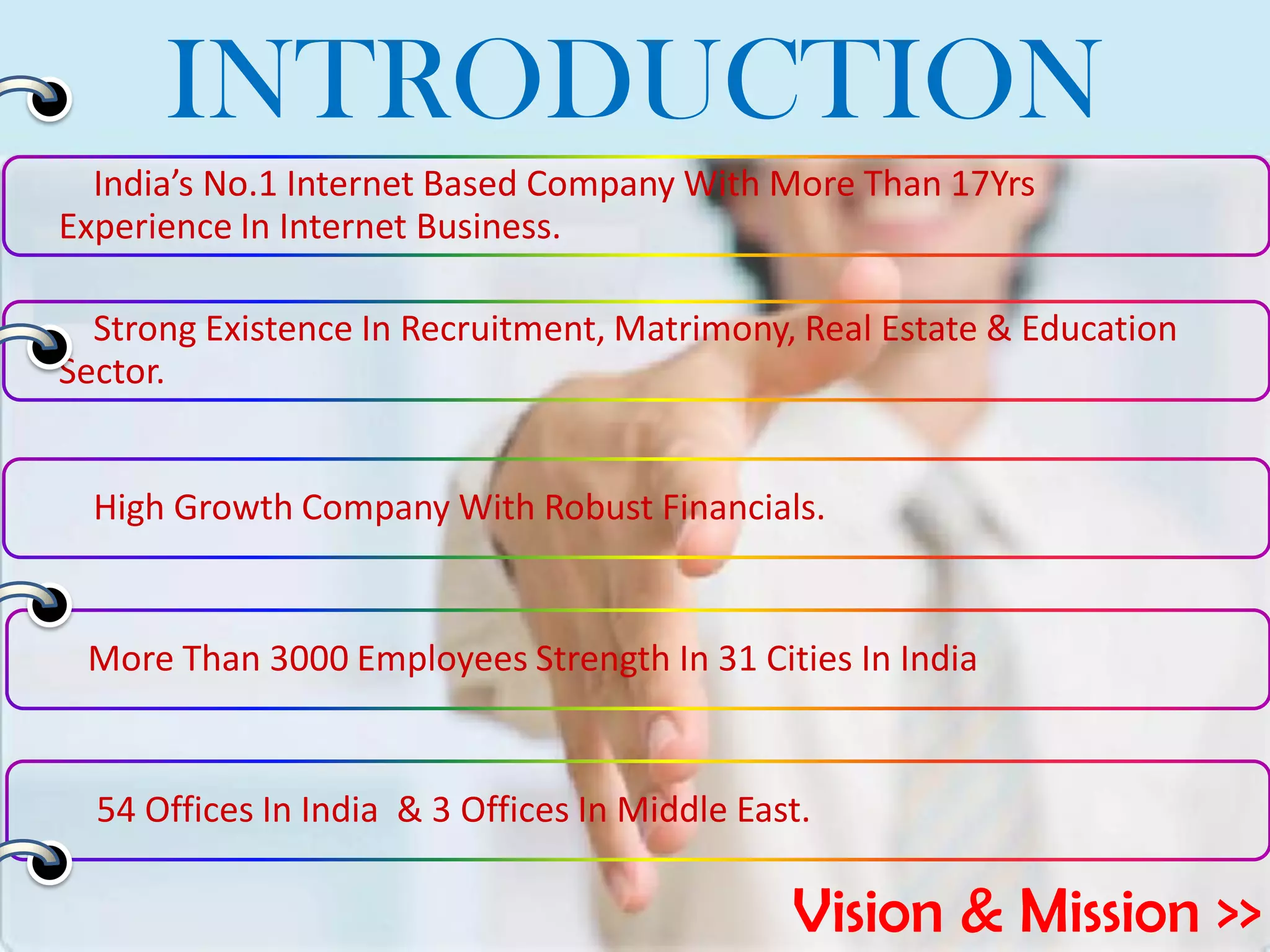 INTRODUCTION
India’s No.1 Internet Based Company With More Than 17Yrs
Experience In Internet Business.
Strong Existence In Recruitment, Matrimony, Real Estate & Education
Sector.
High Growth Company With Robust Financials.
More Than 3000 Employees Strength In 31 Cities In India
54 Offices In India & 3 Offices In Middle East.
Vision & Mission >>
 