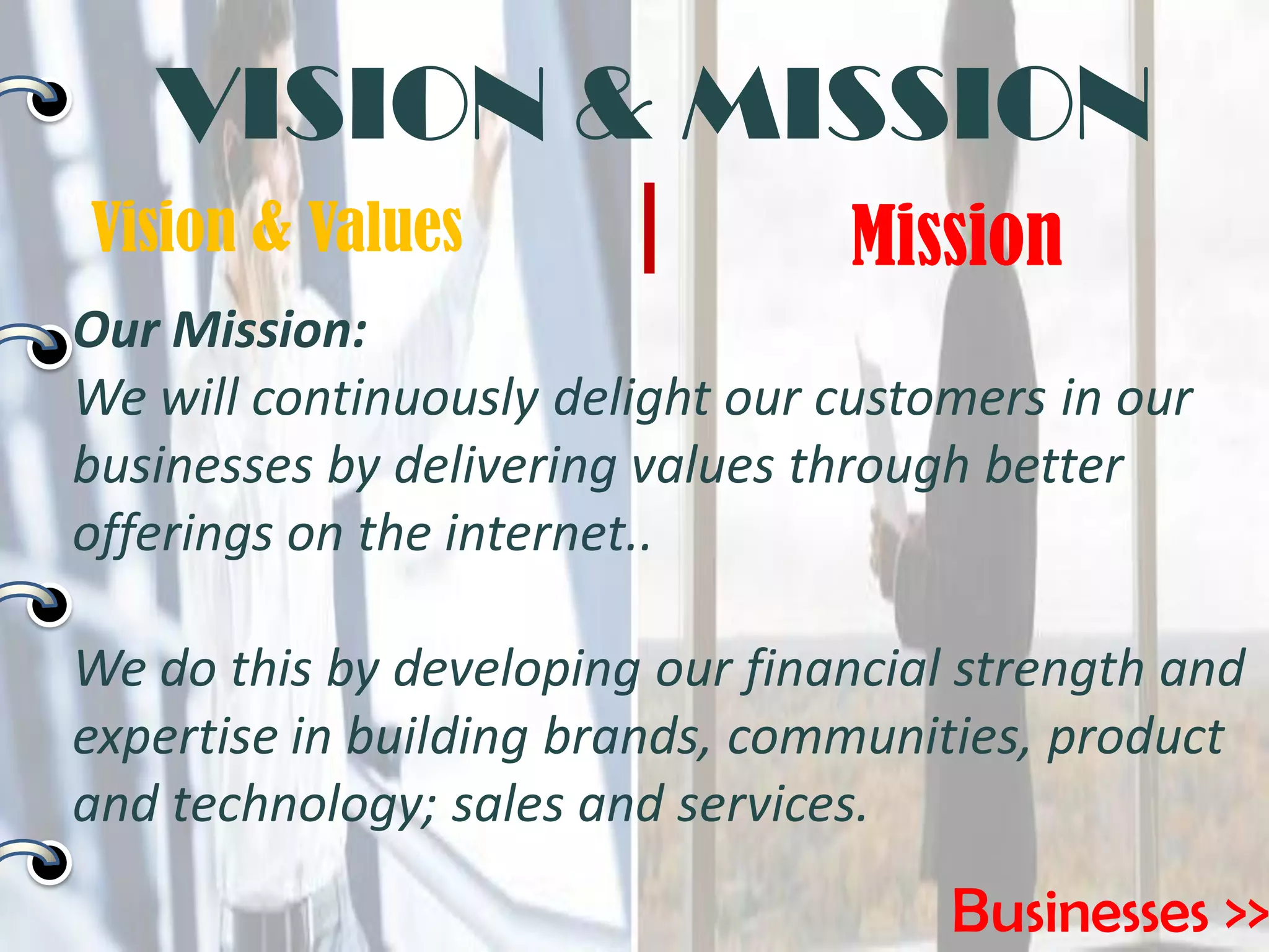 VISION & MISSION
Our Mission:
We will continuously delight our customers in our
businesses by delivering values through better
offerings on the internet..
We do this by developing our financial strength and
expertise in building brands, communities, product
and technology; sales and services.
Vision & Values Mission
Businesses >>
 