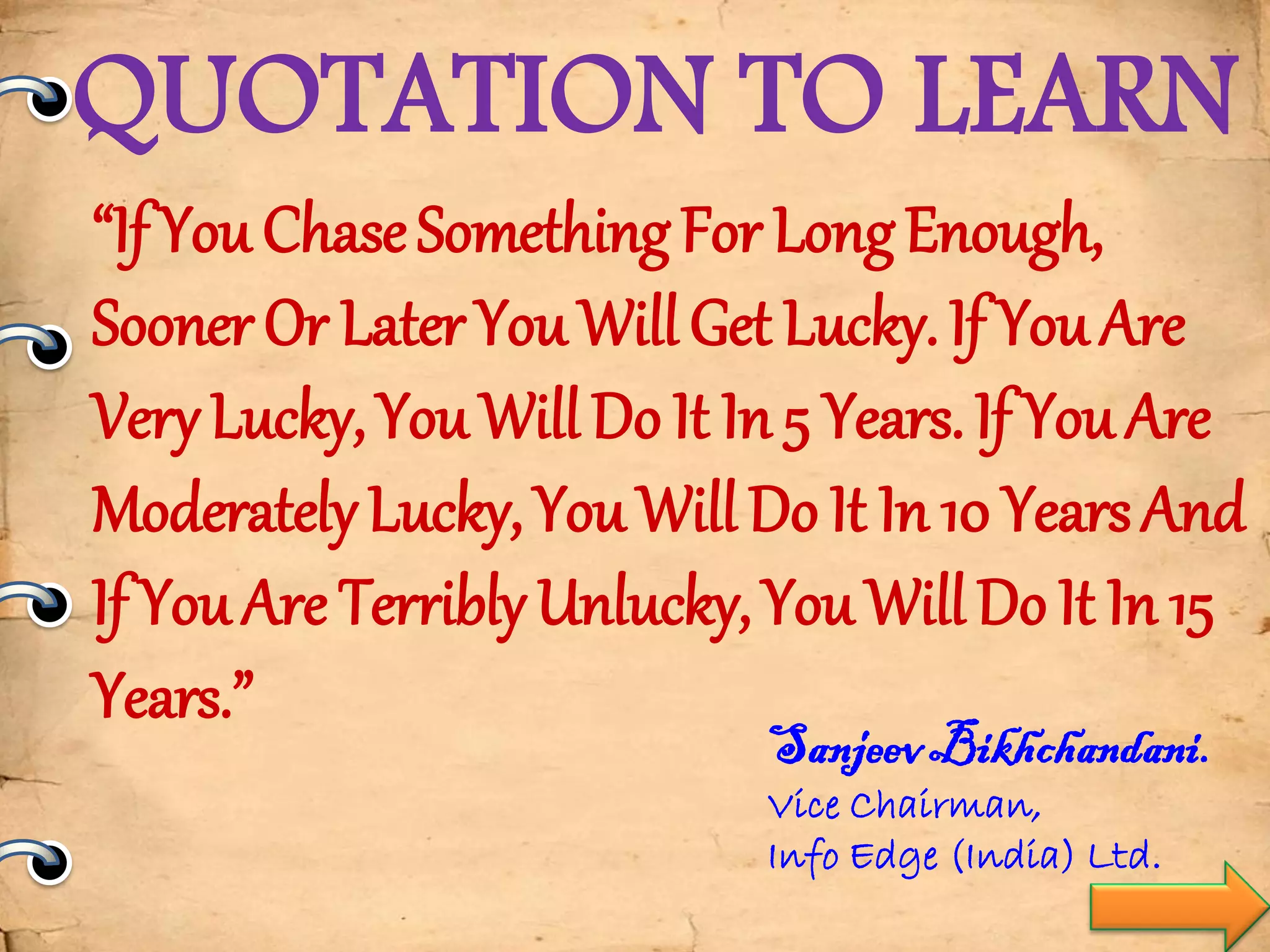 QUOTATION TO LEARN
“If You ChaseSomethingFor LongEnough,
SoonerOr LaterYou WillGet Lucky.If YouAre
VeryLucky,You WillDo It In 5 Years.If YouAre
ModeratelyLucky,You WillDo It In 10 YearsAnd
If YouAre TerriblyUnlucky,You WillDo It In 15
Years.”
SanjeevBikhchandani.
Vice Chairman,
Info Edge (India) Ltd.
 