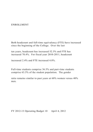 ENROLLMENT
Both headcount and full-time equivalency (FTE) have increased
since the beginning of the College. Over the last
ten years, headcount has increased 52.3% and FTE has
increased 70.4%. For fiscal year 2010-2011, headcount
increased 2.4% and FTE increased 4.0%.
Full-time students comprise 36.5% and part-time students
comprise 63.5% of the student population. The gender
ratio remains similar to past years at 60% women versus 40%
men.
FY 2012-13 Operating Budget 10 April 4, 2012
 
