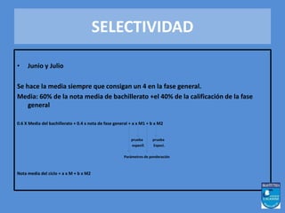 SELECTIVIDAD 
Convocatorias: 
• Junio y Julio 
Calificación 
Se hace la media siempre que consigan un 4 en la fase general. 
Media: 60% de la nota media de bachillerato +el 40% de la calificación de la fase 
general 
Nota de admisión a las enseñanzas universitarias desde bachillerato 
0.6 X Media del bachillerato + 0.4 x nota de fase general + a x M1 + b x M2 
prueba prueba 
especif. Especi. 
Parámetros de ponderación 
Nota de admisión a las enseñanzas universitarias desde ciclos formativos 
Nota media del ciclo + a x M + b x M2 
 
