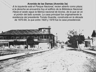 Avenida de las Damas (Avenida 3a) A la izquierda está el Parque Nacional, recien abierto como plaza; a la derecha se encuentra hoy el edificio de la Biblioteca Nacional. Hacia el oeste sigue la fábrica nacional de licores, de la que se ve el portón del lado sureste. La casa principal fue originalmente la residencia del presidente Tomás Guardia, construida en la década de 1870-80, la que entre 1920 y 1978 fue la casa presidencial. 