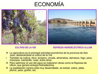 ECONOMÍA La agricultura es la principal actividad económica de la provincia de San Juan, destacándose el cultivo de la Vid. También se cultiva: olivo, durazno, ciruela, almendras, damasco, higo, pera, manzana, membrillo, nuez, entre otros. Para optimizar el uso del agua se realizaron obras como la Represa de Ullum, que genera energía hidroeléctrica. La explotación minera está muy desarrollada, se extrae: cobre, plata, plomo, yeso, grafito, etc. CULTIVO DE LA VID REPRESA HIDROELÉCTRICA ULLUM 