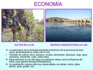 La agricultura es la principal actividad económica de la provincia de San Juan, destacándose el cultivo de la Vid. También se cultiva: olivo, durazno, ciruela, almendras, damasco, higo, pera, manzana, membrillo, nuez, entre otros. Para optimizar el uso del agua se realizaron obras como la Represa de Ullum, que genera energía hidroeléctrica. La explotación minera está muy desarrollada, se extrae: cobre, plata, plomo, yeso, grafito, etc. ECONOMÍA CULTIVO DE LA VID REPRESA HIDROELÉCTRICA ULLUM 