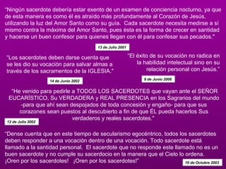 “ Ningún sacerdote debería estar exento de un examen de conciencia nocturno, ya que de esta manera es como él es atraído más profundamente al Corazón de Jesús, utilizando la luz del Amor Santo como su guía.  Cada sacerdote necesita medirse a sí mismo contra la máxima del Amor Santo, pues ésta es la forma de crecer en santidad y hacerse un buen confesor para quienes llegan con él para confesar sus pecados."  13 de Julio 2001   “ Los sacerdotes deben darse cuenta que se les dio su vocación para salvar almas a través de los sacramentos de la IGLESIA."  14 de Junio 2002  “ He venido para pedirle a TODOS LOS SACERDOTES que vayan ante el SEÑOR EUCARÍSTICO, Su VERDADERA y REAL PRESENCIA en los Sagrarios del mundo -para que ahí sean despojados de toda concesión y engaño- para que sus corazones sean puestos al descubierto a fin de que ÉL pueda hacerlos Sus verdaderos y reales sacerdotes."  12 de Julio 2002  “ Dense cuenta que en este tiempo de secularismo egocéntrico, todos los sacerdotes deben responder a una vocación dentro de una vocación. Todo sacerdote está llamado a la santidad personal.  El sacerdote que no responde este llamado no es un buen sacerdote y no cumple su sacerdocio en la manera que el Cielo lo ordena.  ¡Oren por los sacerdotes!   ¡Oren por los sacerdotes!” 10 de Octubre 2003  “ El éxito de su vocación no radica en la habilidad intelectual sino en su relación personal con Jesús.” 9 de Junio 2006  
