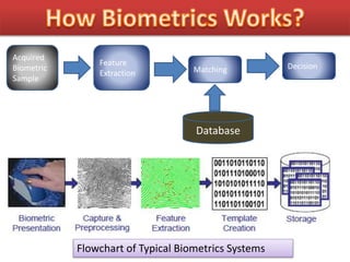 Feature
Extraction
Acquired
Biometric
Sample
Matching Decision
Database
Flowchart of Typical Biometrics Systems
 