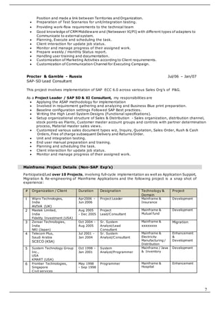 7
Position and made a link between Territories and Organization.
 Preparation of Test Scenarios for unit/integration testing.
 Providing work-flow requirements to the technical team
 Good knowledge of CRM Middleware and (Netweaver XI/PI) with different types of adapters to
Communicate to external system.
 Planning, Execute and scheduling the task.
 Client interaction for update job status.
 Monitor and manage progress of their assigned work.
 Prepare weekly / monthly Status report.
 Handling user training and documentation.
 Customization of Marketing Activities according to Client requirements.
 Customization of Communication Channel for Executing Campaign.
Procter & Gamble - Russia Jul/06 – Jan/07
SAP-SD Lead Consultant
This project involves implementation of SAP ECC 6.0 across various Sales Org’s of P&G.
As a Project Leader / SAP SD & XI Consultant, my responsibilities are
 Applying the ASAP methodology for implementation
 Involved in requirement gathering and analyzing and Business Blue print preparation.
 Baseline configuration settings Followed SAP Best practices.
 Writing the High Level System Designs (Functional specifications).
 Setup organizational structure of Sales & Distribution - Sales organization, distribution channel,
stock points-as Plants, Customer master account groups and controls with partner determination
process, Material master sales views.
 Customized various sales document types wiz, Inquiry, Quotation, Sales Order, Rush & Cash
Orders, Free of charge subsequent Delivery and Returns Order.
 Unit and integration testing.
 End user manual preparation and training.
 Planning and scheduling the task.
 Client interaction for update job status.
 Monitor and manage progress of their assigned work.
Mainframe Project Details (Non-SAP Exp’s)
Participated/Led over 10 Projects, involving full-cycle implementation as well as Application Support,
Migration & Re-engineering of Mainframe Applications and the following project is a snap shot of
experience:
# Organization / Client Duration Designation Technology &
Domain
Project
1 Wipro Technologies,
India
AVIVA (UK)
Apr2006 -
Jun 2006
Project Leader Mainframe &
Insurance
Development
2 Mastek Limited,
India
Fidelity Investment (USA)
Aug 2005
- Dec 2005
Project
Lead/Consultant
Mainframe &
Mutual fund
Development
3 Zensar Technologies,
India
NRI (Japan)
Oct 2004 -
Aug 2005
Sr. System
Analyst/Lead
Consultant
Mainframe &
xxxxxxxx
Migration
4 Telecom Plus,
Saudi Arabia
SCECO (KSA)
Jul 2001 -
Jan 2004
Sr. System
Analyst/Consultant
Mainframe &
Electricity
Manufacturing /
Distribution
Enhancement
&
Development
5 System Technology Group
Inc.,
USA
KMART (USA)
Oct 1998 -
Jan 2001
System
Analyst/Programmer
Mainframe / Java
& Inventory
Development
6 Frontier Technologies,
Singapore
Civil services
May 1998
- Sep 1998
Programmer Mainframe &
Hospital
Enhancement
 