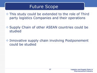  This study could be extended to the role of Third
party logistics Companies and their operations
 Supply Chain of other ASEAN countries could be
studied
 Innovative supply chain involving Postponement
could be studied
17 Logistics and Supply Chain in
Pharmaceutical Industry
Future Scope
 