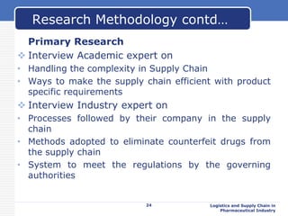 Primary Research
 Interview Academic expert on
• Handling the complexity in Supply Chain
• Ways to make the supply chain efficient with product
specific requirements
 Interview Industry expert on
• Processes followed by their company in the supply
chain
• Methods adopted to eliminate counterfeit drugs from
the supply chain
• System to meet the regulations by the governing
authorities
24 Logistics and Supply Chain in
Pharmaceutical Industry
Research Methodology contd…
 