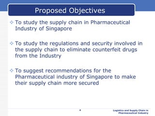  To study the supply chain in Pharmaceutical
Industry of Singapore
 To study the regulations and security involved in
the supply chain to eliminate counterfeit drugs
from the Industry
 To suggest recommendations for the
Pharmaceutical industry of Singapore to make
their supply chain more secured
Logistics and Supply Chain in
Pharmaceutical Industry
Proposed Objectives
4
 