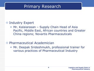  Industry Expert
 Mr. Kalaiarasan – Supply Chain Head of Asia
Pacific, Middle East, African countries and Greater
China regions; Novartis Pharmaceuticals
 Pharmaceutical Academician
 Mr. Deepak Srideshmukh, professional trainer for
various practices of Pharmaceutical Industry
Logistics and Supply Chain in
Pharmaceutical Industry
Primary Research
6
 