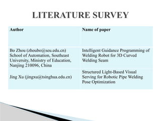 LITERATURE SURVEY
Author Name of paper
Bo Zhou (zhoubo@seu.edu.cn)
School of Automation, Southeast
University, Ministry of Education,
Nanjing 210096, China
Intelligent Guidance Programming of
Welding Robot for 3D Curved
Welding Seam
Jing Xu (jingxu@tsinghua.edu.cn)
Structured Light-Based Visual
Serving for Robotic Pipe Welding
Pose Optimization
 