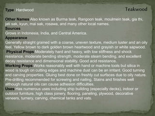 TeakwoodType Hardwood
Other Names Also known as Burma teak, Rangoon teak, moulmein teak, gia thi,
jati sak, kyun, mai sak, rosawa, and many other local names.
Sources
Grows in Indonesia, India, and Central America.
Appearance
Generally straight grained with a coarse, uneven texture, medium luster and an oily
feel. Yellow brown to dark golden brown heartwood and grayish or white sapwood.
Physical Props Moderately hard and heavy, with low stiffness and shock
resistance, moderate bending strength, moderate steam bending, and excellent
decay resistance and dimensional stability. Good acid resistance.
Working Props Works reasonably well with hand or machine tools but silica in
wood is tough on cutting edges and machine dust can be an irritant. Good turning
and carving properties. Gluing best done on freshly cut surfaces due to oily nature.
Pre-drilling recommended for screwing and nailing. Stains and finishes well
although natural oils can cause adhesion difficulties.
Uses Has numerous uses including ship building (especially decks), indoor or
outdoor furniture, high class joinery, flooring, paneling, plywood, decorative
veneers, turnery, carving, chemical tanks and vats.
 