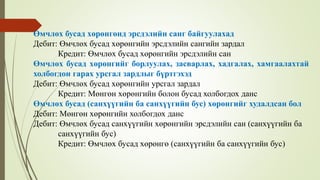 Өмчлөх бусад хөрөнгөнд эрсдэлийн санг байгуулахад
Дебит: Өмчлөх бусад хөрөнгийн эрсдэлийн сангийн зардал
Кредит: Өмчлөх бусад хөрөнгийн эрсдэлийн сан
Өмчлөх бусад хөрөнгийг борлуулах, засварлах, хадгалах, хамгаалахтай
холбогдон гарах урсгал зардлыг бүртгэхэд
Дебит: Өмчлөх бусад хөрөнгийн урсгал зардал
Кредит: Мөнгөн хөрөнгийн болон бусад холбогдох данс
Өмчлөх бусад (санхүүгийн ба санхүүгийн бус) хөрөнгийг худалдсан бол
Дебит: Мөнгөн хөрөнгийн холбогдох данс
Дебит: Өмчлөх бусад санхүүгийн хөрөнгийн эрсдэлийн сан (санхүүгийн ба
санхүүгийн бус)
Кредит: Өмчлөх бусад хөрөнгө (санхүүгийн ба санхүүгийн бус)
 