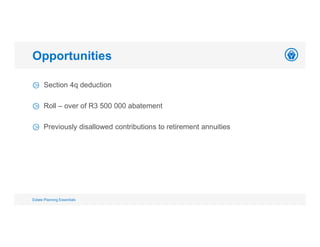 Section 4q deduction
Roll – over of R3 500 000 abatement
Previously disallowed contributions to retirement annuities
Opportunities
Estate Planning Essentials
 