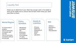 agenda
Assist you to determine if your client has enough cash in his estate to
wind up the estate and to ensure that all heirs inherit what your client
want them to inherit.
Marital Regime
•In community of
property
•Out of community
of property (with
accrual)
•Out of community
of property (without
the accrual)
Policy
Schedule
•Beneficiary
nomination
•No
beneficiary
nomination
•Fund policies
•3rd party
owned policies
Assets &
Liabilities
•Primary
residence
•Bequeaths to
spouse
•CGT
calculation
Will
•What is
bequeath to
spouse
•4Q deduction
Liquidity Tool
straightandhonest
answer
 