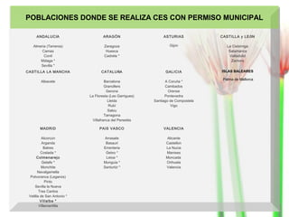 POBLACIONES DONDE SE REALIZA CES CON PERMISO MUNICIPAL
ANDALUCÍA

ARAGÓN

ASTURIAS

CASTILLA y LEÓN

Almería (Terreros)
Camas
Conil
Málaga *
Sevilla *

Zaragoza
Huesca
Cadrete *

Gijón

La Cistérniga
Salamanca
Valladolid
Zamora

CASTILLA LA MANCHA

CATALUÑA

GALICIA

ISLAS BALEARES

Albacete

Barcelona
Granollers
Gerona
La Floresta (Les Garrigues)
Lleida
Rubí
Salou
Tarragona
Villafranca del Penedés

A Coruña *
Cambados
Orense
Pontevedra
Santiago de Compostela
Vigo

Palma de Mallorca

MADRID

PAIS VASCO

VALENCIA

Alcorcón
Arganda
Batres
Coslada *
Colmenarejo
Getafe *
Monchite
Navalgamella
Polvoranca (Leganés)
Pinto
Sevilla la Nueva
Tres Cantos
Velilla de San Antonio *
Villalba *
Villamantilla

Arrasate
Basauri
Errenteria
Getxo *
Leioa *
Munguia *
Santurtzi *

Alicante
Castellón
La Nucia
Manises
Moncada 
Orihuela
Valencia

 