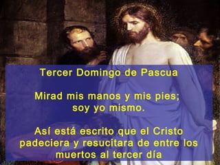 Tercer Domingo de Pascua

  Mirad mis manos y mis pies;
         soy yo mismo.

  Así está escrito que el Cristo
padeciera y resucitara de entre los
      muertos al tercer día
 