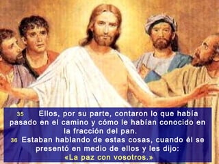 35    Ellos, por su parte, contaron lo que había
pasado en el camino y cómo le habían conocido en
              la fracción del pan.
36 Estaban hablando de estas cosas, cuando él se
      presentó en medio de ellos y les dijo:
              «La paz con vosotros.»
 