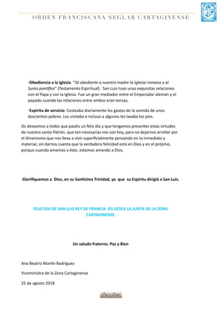 O RD E N FR ANCI SCANA SEGLAR CARTAGINENSE
-Obediencia	a	la	Iglesia.	“Sé	obediente	a	nuestra	madre	la	Iglesia	romana	y	al	...