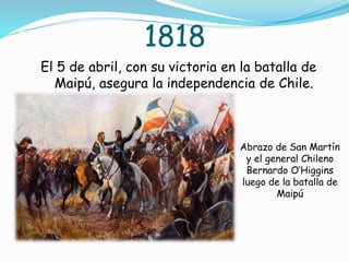 1818
El 5 de abril, con su victoria en la batalla de
Maipú, asegura la independencia de Chile.
Abrazo de San Martín
y el general Chileno
Bernardo O’Higgins
luego de la batalla de
Maipú
 