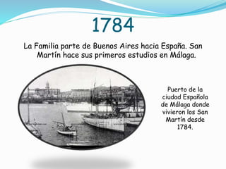 1784
La Familia parte de Buenos Aires hacia España. San
Martín hace sus primeros estudios en Málaga.
Puerto de la
ciudad Española
de Málaga donde
vivieron los San
Martín desde
1784.
 
