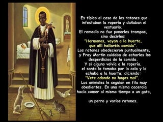 Es típico el caso de los ratones que
infestaban la ropería y dañaban el
vestuario.
El remedio no fue ponerles trampas,
sino decirles:
"Hermanos, vayan a la huerta,
que allí hallaréis comida".
Los ratones obedecieron puntualmente,
y Fray Martín cuidaba de echarles los
desperdicios de la comida.
Y si alguno volvía a la ropería,
el santo lo tomaba por la cola y lo
echaba a la huerta, diciendo:
"Vete adonde no hagas mal".
Los animales le seguían en fila muy
obedientes. En una misma cacerola
hacía comer al mismo tiempo a un gato,
un perro y varios ratones.
 