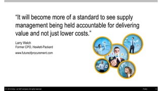©2014 Ariba – an SAP company. All rights reserved. 
6 
Public 
“It will become more of a standard to see supply management being held accountable for delivering value and not just lower costs.” 
www.futureofprocurement.com 
Larry Welch 
Former CPO, Hewlett-Packard  