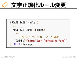 Mroonga開発者が 来たぞ！ Powered by Rabbit 2.2.0
文字正規化ルール変更
CREATE TABLE table (
-- ...,
FULLTEXT INDEX (column)
--
-- コメントでパラメーターを指定
COMMENT='normalizer "NormalizerAuto"'
) ENGINE=Mroonga;
 