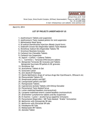 pharma pvt ltd
Shree Corpo, Shree Drushti Complex, GB Road, Kasarawadavli, Thane (w) 400 610, INDIA
Tel: +91 22 6999 3040
E mail: info@sanmour.com website: www.sanmour.com

March 8, 2014
LIST OF PROJECTS UNDERTAKEN BY US

1. Azythromycin Tablets and suspension
2. Azythromycin Taste masked pellets for oral suspension
3. Mometasone Nasal Spray
4. Di-sodium Pamidronate Injection (Ready Liquid form)
5. Sildenafil Citrate Oro Dispersible tablets Taste Masked
6. Diclofenac Sodium Oro Dispersible Tablets TM
7. Strontium Ranelate Granules
8. Carbonyl Iron Chewable Tablets
9. Carbonyl Iron Suspension
10. Aspirin + Caffein + Codiene Tablets
11. L – Carnitine L- Tartarate Effervescent tablets
12. Metoprolol Tartarate DC Granules and Tablets
Metoprolol Succinate ER pellets & DC granules
13. Diclofenac Gel
14. Aceclofenac Tablets & Gel
15. Sunscreen Lotion
16. Anti dandruff Shampoo
17. Sterile Ophthalmic drops of various drugs like Ciprofloxacin, Ofloxacin etc
18. Phenyramidol Tablets CR
19. Omeprazole pellets and ODT
20. Lansoprazole pellets and ODT
21. Pantaprazole Tablets
22. Cyproterone Acetate Tablets with Ethinyl Estradiol
24. Paracetamol Taste Masked Syrup
25. Lutien stabilized beadlets (nutraceutical)
26. Lycopene stabilized enteric coated beadlets (nutraceutical)
27. Artemether Lumafantrine tablets and Dry Suspension
28. B vitamins + Lysine + alcohol Syrup (appetite stimulant)
29. Paracetamol Dispersible / MD Taste Masked ‘Krakle’ formulation
30. Metformin with Glimepiride SR tabs
31. Metformin with Gliclazide SR tabs
32. Felodepine ER Tabs
33. Rabeprazole DR Tablets
34. Atenolol Tablet

 