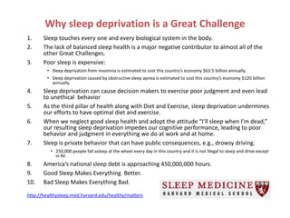 Why sleep deprivation is a Great Challenge
1.     Sleep touches every one and every biological system in the body.
2.     The lack of balanced sleep health is a major negative contributor to almost all of the
       other Great Challenges.
3.     Poor sleep is expensive:
        • Sleep deprivation from insomnia is estimated to cost this country’s economy $63.5 billion annually.
        • Sleep deprivation caused by obstructive sleep apnea is estimated to cost this country’s economy $120 billion
          annually.
4.     Sleep deprivation can cause decision makers to exercise poor judgment and even lead
       to unethical behavior
5.     As the third pillar of health along with Diet and Exercise, sleep deprivation undermines
       our efforts to have optimal diet and exercise.
6.     When we neglect good sleep health and adopt the attitude “I’ll sleep when I’m dead,”
       our resulting sleep deprivation impedes our cognitive performance, leading to poor
       behavior and judgment in everything we do at work and at home.
7.     Sleep is private behavior that can have public consequences, e.g., drowsy driving.
          • 250,000 people fall asleep at the wheel every day in this country and it is not illegal to sleep and drive except
            in NJ.
8.     America’s national sleep debt is approaching 450,000,000 hours.
9.     Good Sleep Makes Everything Better.
10.    Bad Sleep Makes Everything Bad.

http://healthysleep.med.harvard.edu/healthy/matters
 