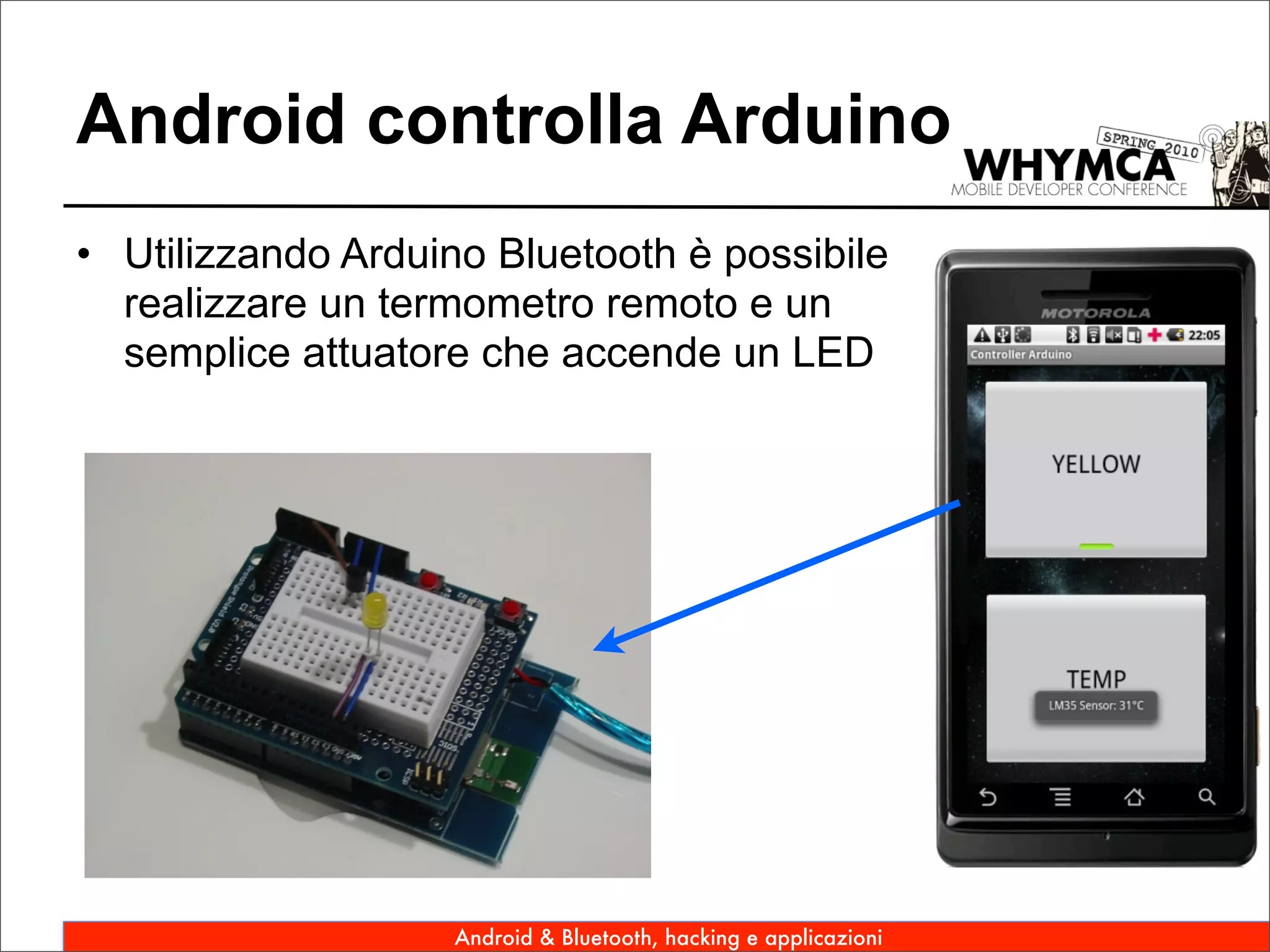 Android controlla Arduino
• Utilizzando Arduino Bluetooth è possibile
  realizzare un termometro remoto e un
  semplice attuatore che accende un LED




                    Android & Bluetooth, hacking e applicazioni
 