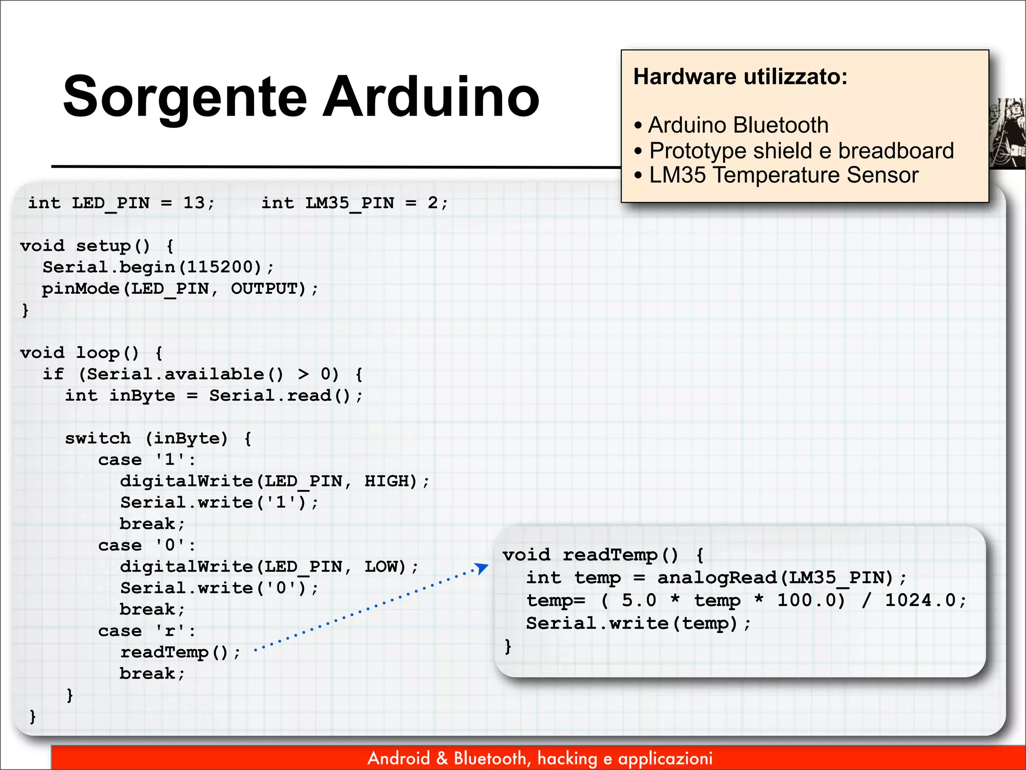 Hardware utilizzato:
    Sorgente Arduino                                               • Arduino Bluetooth
                                                                   • Prototype shield e breadboard
                                                                   • LM35 Temperature Sensor
int LED_PIN = 13;    int LM35_PIN = 2;

void setup() {
  Serial.begin(115200);
  pinMode(LED_PIN, OUTPUT);
}

void loop() {
  if (Serial.available() > 0) {
    int inByte = Serial.read();

    switch (inByte) {
       case '1':
         digitalWrite(LED_PIN, HIGH);
         Serial.write('1');
         break;
       case '0':
                                                  void readTemp() {
         digitalWrite(LED_PIN, LOW);
                                                    int temp = analogRead(LM35_PIN);
         Serial.write('0');
         break;                                     temp= ( 5.0 * temp * 100.0) / 1024.0;
       case 'r':                                    Serial.write(temp);
         readTemp();                              }
         break;
    }
}

                                  Android & Bluetooth, hacking e applicazioni
 