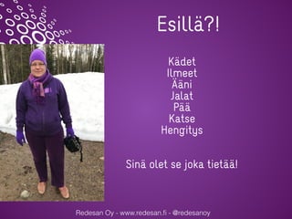 Redesan Oy - www.redesan.ﬁ - @redesanoy
Esillä?!
Kädet
Ilmeet
Ääni
Jalat
Pää
Katse
Hengitys
Sinä olet se joka tietää!
 